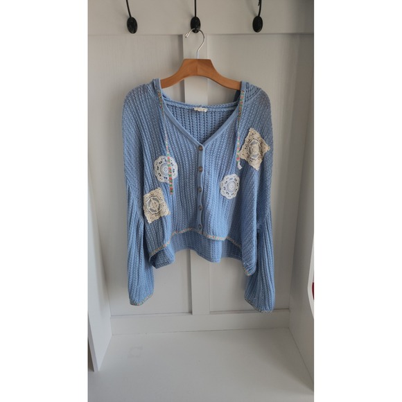 POL Lace Doily Patch Crochet Hooded Grannycore Cardigan RARE Sweater Blue Size S - Picture 2 of 11